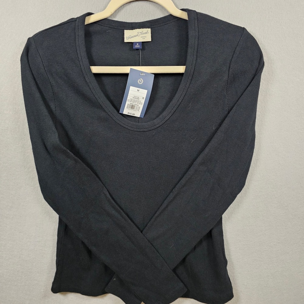 Universal Thread Black Ribbed Scoop Neck Long Sleeve Top Size M NWT